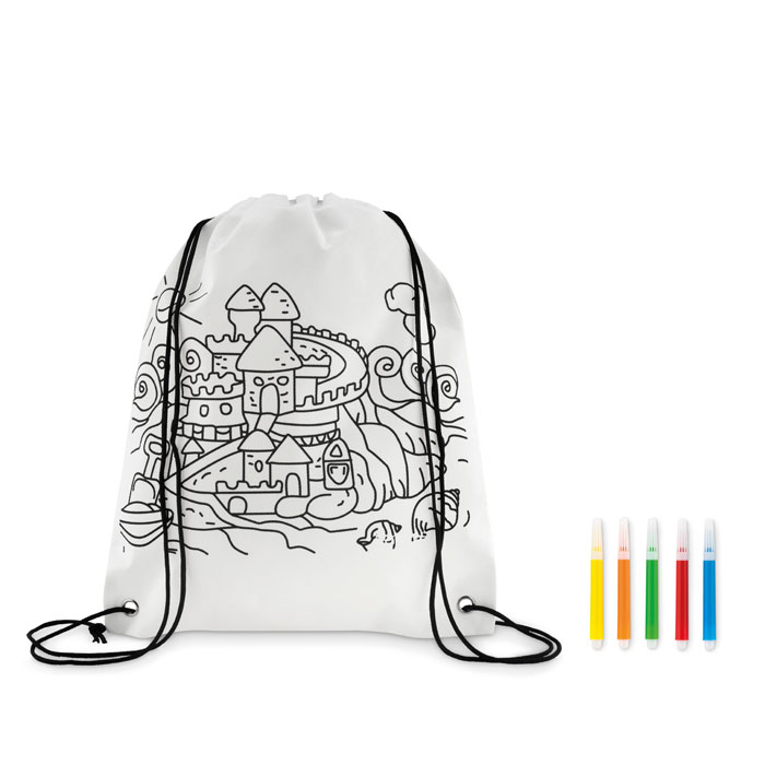 Gadget with logo Drawstring bag CARRYDRAW Non woven drawstring bag with logo. 5 markers and design to colour in. 80 gr/m². Available color: White Dimensions: 28X35CM Width: 35 cm Length: 28 cm Volume: 0.447 cdm3 Gross Weight: 0.049 kg Net Weight: 0.035 kg Magnus Business Gifts is your partner for merchandising, gadgets or unique business gifts since 1967. Certified with Ecovadis gold!