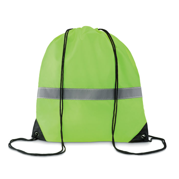 Drawstring bag with logo Fluo Drawstring bag with logo in 190T polyester with reflective stripe. Depending on the surface we can use embroidery, engraving, 360° imprint or screenprint.