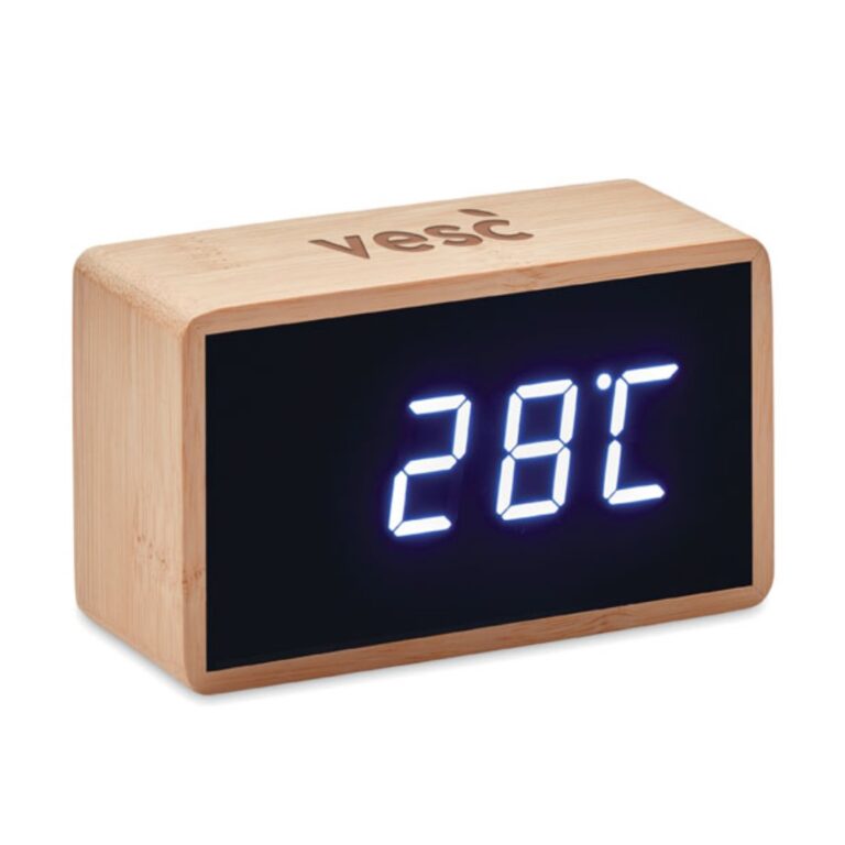 Gadget with logo Alarm clock MIRI Gadget with logo white LED time display alarm clock and temperature display in bamboo casing. AC-DC 2 pin plug adapter included. Not suitable for UK use. Bamboo is a natural product, there may be slight variations in colour and size per item. Depending on the surface we can use embroidery, engraving, 360° imprint or screen print.