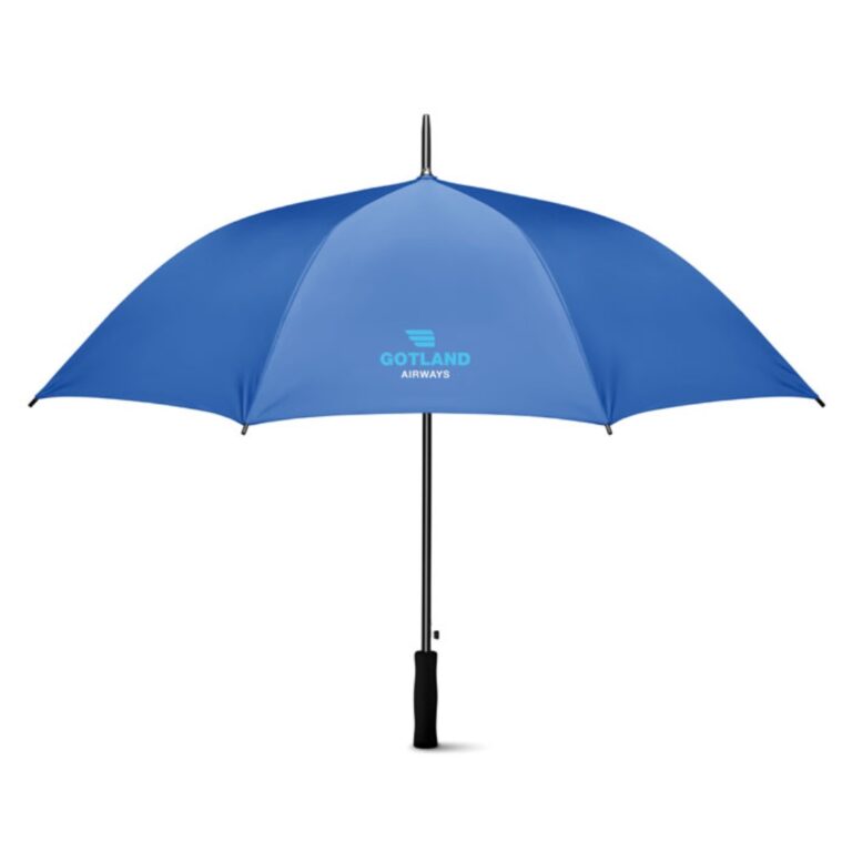Gadget with logo Umbrella SWANSEA+ Gadget with logo 27 inch auto open umbrella in 190T polyester material and inside silver coating. With black plated metal shaft and ribs. Black plastic tips. Straight black EVA handle. Manual closure. Depending on the surface we can use embroidery, engraving, 360° imprint or screen print.