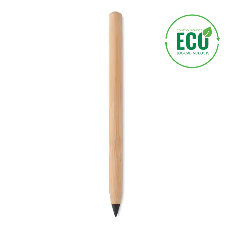 Pen with logo INKLESS BAMBOO Pen with logo in bamboo with paper cap. The pen writes with the metal alloy tip. Long lasting pen Available color: Wood Depending on the surface we can use embroidery, engraving, 360° imprint or screen print.