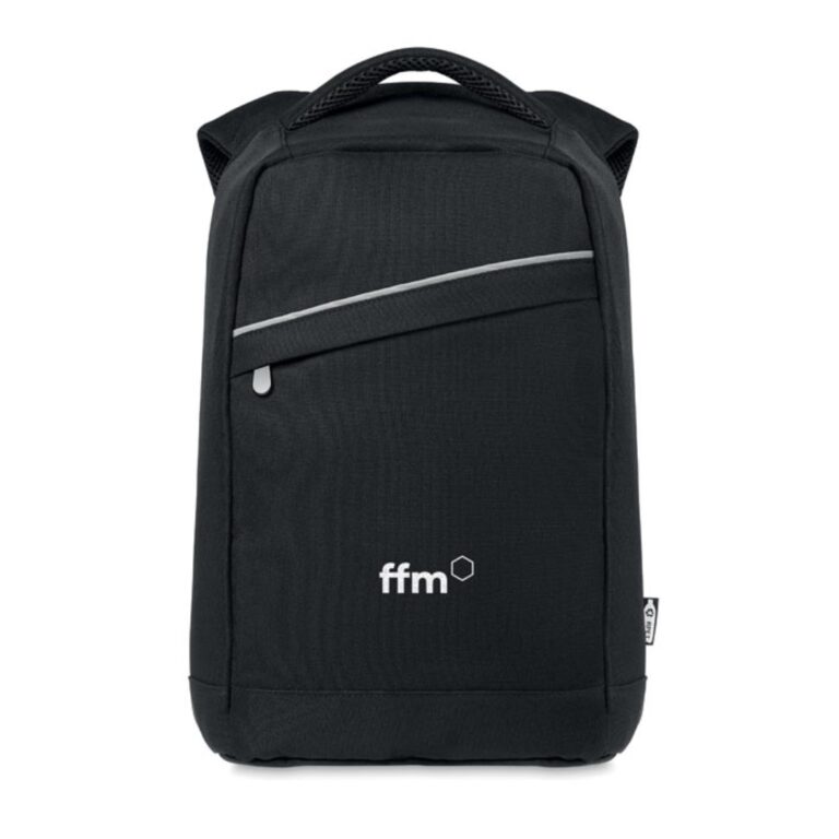 Backpack with logo MUNICH 600D RPET backpack with logo and padded shoulder strap with main internal compartment. It has a zippered front pocket. Includes one internal 13 inch laptop compartment. Zipper main compartment on backside for better security. Depending on the surface we can use embroidery, engraving, 360° imprint or screenprint.