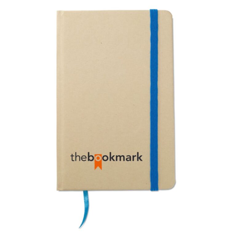 Notebook with logo EVERNOTE A6 Notebook with logo in recycled paper with hard cover. Case-bound. 192 plain pages (96 sheets). Elastic closure strap and ribbon bookmark. Depending on the surface we can use embroidery, engraving, 360° imprint or screen print.