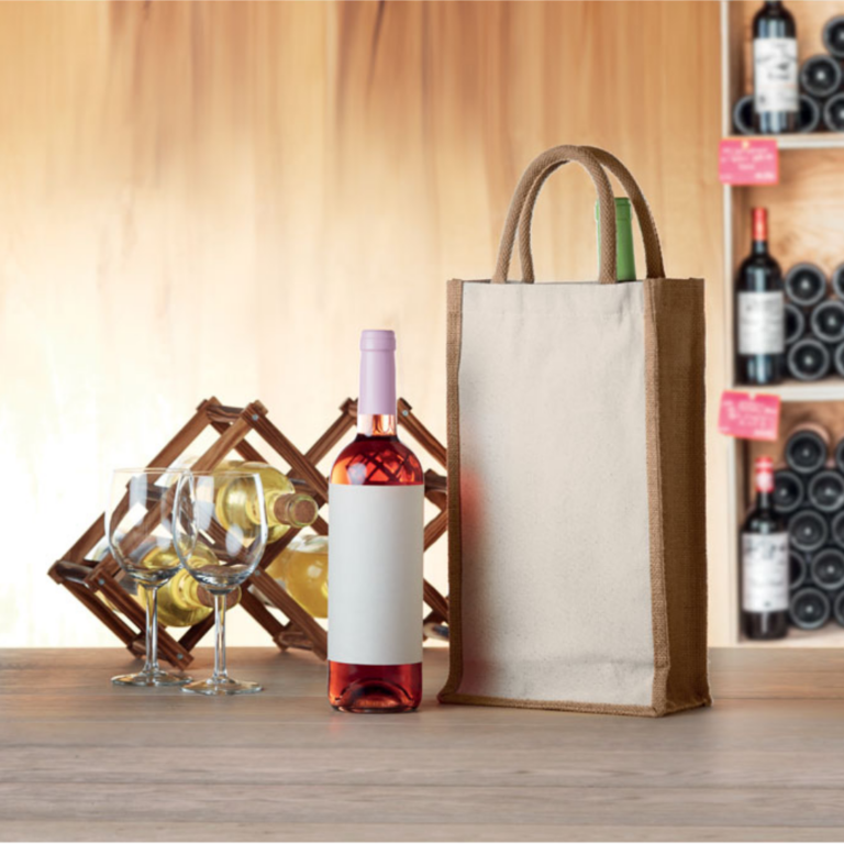 Wine accessoire with logo Tote bag CAMPO DI VINO DUO Wine gift bag for two bottles in jute and 320 gr/m² canvas. Surprise someone special with a pair of delicious wines. Presented in this high quality gift bag, your gift wil definitely be appreciated. Wine bottles are not included. Available color: Beige Dimensions: 20X10X35CM Width: 10 cm Length: 20 cm Height: 35 cm Volume: 1.78 cdm3 Gross Weight: 0.24 kg Net Weight: 0.16 kg Magnus Business Gifts is your partner for merchandising, gadgets or unique business gifts since 1967. Certified with Ecovadis gold!