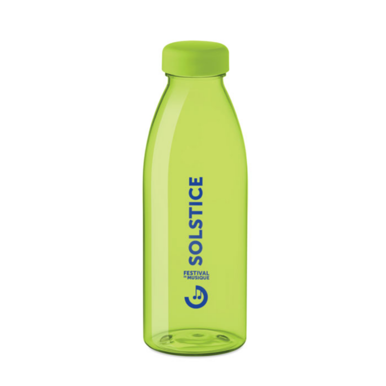 Water bottle with logo SPRING Water bottle with logo in RPET which is BPA free with PP lid. Leak-free. Capacity: 500 ml. Not suitable for carbonated drinks. Stay hydrated during the day and take a water bottle with you. This bottle is made from recycled PET plastic and is available in various colours Availeble colors: Transparent Lime, Transparent, Transparent Red, Transparent Orange, Transparent Light Blue, Royal Blue, Transparent Blue, Transparent Grey. Dimensions: Ø6.5X19.5CM Height: 19.5 cm Diameter: 6.5 cm Volume: 1.19 cdm3 Gross Weight: 0.083 kg Net Weight: 0.064 kg Magnus Business Gifts is your partner for merchandising, gadgets or unique business gifts since 1967. Certified with Ecovadis gold!