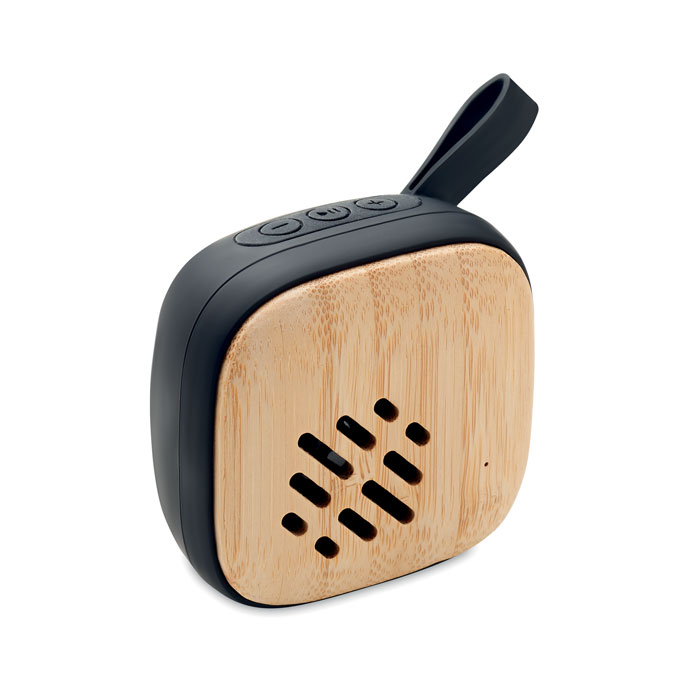 Audio gadget with logo Bluetooth speaker MALA Audio gadget with logo, Bluetooth speaker 5.0 in Bamboo front, ABS back with silicone strap handle. 1 Rechargeable Li-Ion 400 mAh battery. Output data: 3W, 4 Ohm. Playing time approx. 2h. Available color: Black Dimensions: 7X7X3,7 CM Width: 7 cm Length: 7 cm Height: 3.7 cm Volume: 0.36 cdm3 Gross Weight: 0.129 kg Net Weight: 0.105 kg Depending on the surface we can use embroidery, engraving, 360° imprint or screen print.