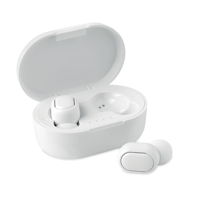 Audio gadget with logo Bluetooth earbuds RWING Audio gadget with logo, Bluetooth earbuds 5.0 in Recycled ABS with 40 mAh battery built-in. Playing time approx. 4 hours. Including a micro USB charging cable and a 300 mAh charging station. Available color: White Dimensions: 6,1X4X2,8 CM Width: 4 cm Length: 6.1 cm Height: 2.8 cm Volume: 0.2 cdm3 Gross Weight: 0.075 kg Net Weight: 0.048 kg Depending on the surface we can use embroidery, engraving, 360° imprint or screen print.