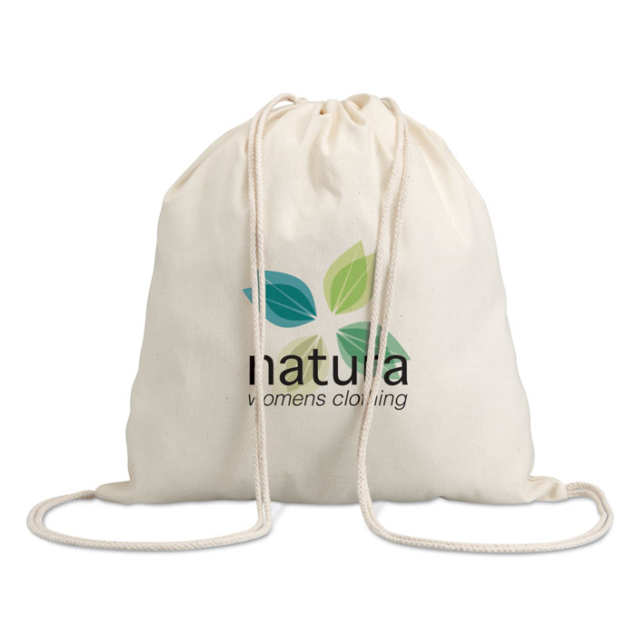 Drawstring bag with logo HUNDRED Drawstring bag with logo in 100% cotton. 100 gr/m². Produced under a certified standard for the use of harmful substances in textile. Available color: Beige Dimensions: 37X41CM Width: 41 cm Length: 37 cm Volume: 0.227 cdm3 Gross Weight: 0.052 kg Net Weight: 0.048 kg Depending on the surface we can use embroidery, engraving, 360° imprint or screen print.