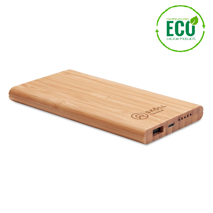 Powerbank with logo wireless ARENA Powerbank with logo with Wireless charging, with 6000 mAh capacity in Bamboo casing. Includes Type C connector. Power bank output DC5V/2A. Wireless output: DC5V/1A. Compatible latest androids, iPhone® 8, X and newer. Bamboo is a natural product, there may be slight variations in color and size per item, which can affect the final decoration outcome. Available color: Wood Dimensions: 14,5X7,5X1,6 CM Width: 7.5 cm Length: 14.5 cm Height: 1.6 cm Volume: 0.413 cdm3 Gross Weight: 0.192 kg Net Weight: 0.189 kg Depending on the surface we can use embroidery, engraving, 360° imprint or screen print.