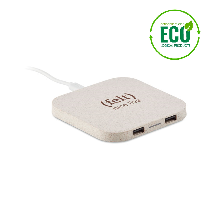 Wireless charger with logo UNIPAD+ Wireless charger with logo with pad in wheat straw (35%) and ABS (65%) with 2 port 2.0 USB hubs. Output DC5V/1A (5W). Compatible latest androids, iPhone® 8, X and newer. Available color: Beige Dimensions: 9X9X0,9 CM Width: 9 cm Length: 9 cm Height: 0.9 cm Volume: 0.313 cdm3 Gross Weight: 0.07 kg Net Weight: 0.056 kg Depending on the surface we can use embroidery, engraving, 360° imprint or screen print.