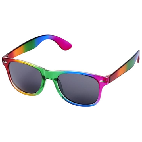 Gadget with logo sunglasses Sun Ray. Retro design sunglasses with logo with an translucent frame with on trend rainbow coloring finishing. Compliant with EN ISO 12312-1 and UV 400, lenses are graded as category 3. PC Plastic. We use different printing techniques to add your logo. Depending on the surface we can use embroidery, engraving, 360° imprint or screen print.