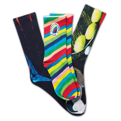 Custom socks full colour polyester Custom socks full colour in polyester (95% Polyester + 5% Spandex). The unisex tube socks start out white and are printed digitally on the outside surface, creating a fashionable and vibrant fullcolour accessory. All printed texts must be larger than 4mm at full size to remain legible. The socks are offered in 2 standard sizes, other measurements are available upon request. MOQ is 250 pairs per design (spread over 2 sizes). Each pair is packed in an individual poly bag. The first quantity shown is the MOQ for this item, in 1 design. We use different printing techniques to add your logo. Depending on the surface we can use embroidery, engraving, 360° imprint or screenprint.