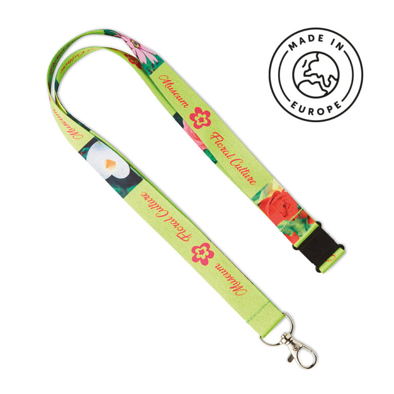 Lanyard with logo 5104 Lanyard with logo made in the EU in fine polyester with metal karabinier. Ca. 90cm. Ribbons are printed in full colour sublimation and printed on one or two sides. The lanyard is cut to size after printing and the positioning of the logo on the reverse of the item may be different per lanyard. It is therefore recommended to use repeated, non-positioned designs for the reverse side. We use different printing techniques to add your logo. Depending on the surface we can use embroidery, engraving, 360° imprint or screenprint.